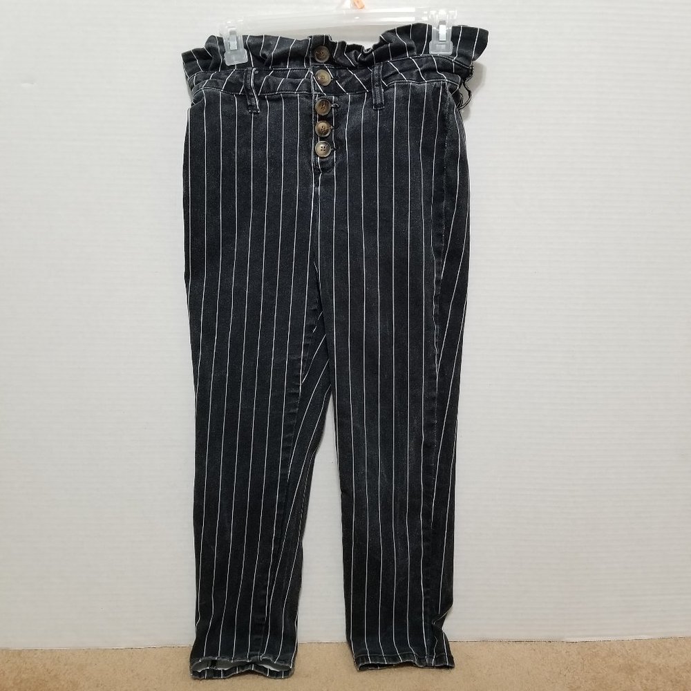 Blue Rein jeans 9 pinstripe stripes paperbag waist button fly denim stretch